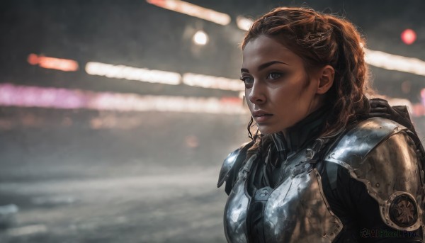 1girl,solo,long hair,looking at viewer,blue eyes,brown hair,upper body,braid,dark skin,armor,blurry,dark-skinned female,lips,blurry background,shoulder armor,science fiction,curly hair,pauldrons,breastplate,realistic,nose,power armor,backpack