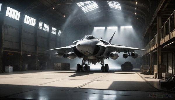 HQ,indoors,military,no humans,window,sunlight,box,scenery,science fiction,light rays,realistic,aircraft,military vehicle,airplane,light,vehicle focus,ceiling,hallway,ladder,lights,jet,fighter jet,shadow