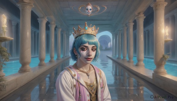 1girl,solo,breasts,looking at viewer,smile,short hair,bangs,shirt,cleavage,brown eyes,jewelry,closed mouth,blue hair,collarbone,jacket,upper body,earrings,open clothes,indoors,blunt bangs,water,necklace,open jacket,lips,aqua hair,tattoo,makeup,facial mark,white jacket,crown,plant,lipstick,reflection,stairs,red lips,candle,pink jacket,facepaint,facial tattoo,pillar,arch,column,yellow eyes,heterochromia,realistic