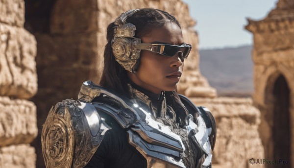 1girl,solo,long hair,brown hair,black hair,1boy,closed mouth,upper body,male focus,outdoors,day,dark skin,armor,blurry,dark-skinned female,lips,blurry background,sunglasses,dark-skinned male,goggles,shoulder armor,realistic,very dark skin,dreadlocks,parody,portrait,pauldrons