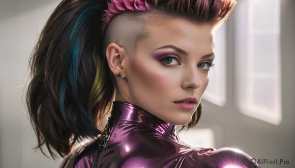 1girl,solo,looking at viewer,blonde hair,brown hair,black hair,jewelry,green eyes,ponytail,pink hair,multicolored hair,earrings,parted lips,shiny,looking back,from behind,blurry,two-tone hair,lips,streaked hair,bodysuit,makeup,piercing,lipstick,portrait,skin tight,eyeshadow,shiny clothes,realistic,nose,latex,latex bodysuit,long hair,dark skin,dark-skinned female,eyelashes,asymmetrical hair,stud earrings,eyeliner,undercut,mascara