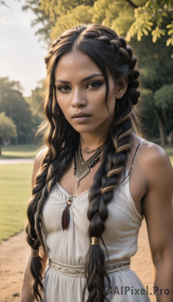 1girl,solo,long hair,breasts,looking at viewer,smile,brown hair,black hair,dress,bare shoulders,brown eyes,jewelry,upper body,braid,earrings,small breasts,outdoors,parted lips,sleeveless,day,artist name,dark skin,necklace,white dress,blurry,black eyes,twin braids,dark-skinned female,tree,lips,sleeveless dress,depth of field,blurry background,hair over shoulder,forehead,freckles,realistic,nose,arms at sides,multiple braids,closed mouth