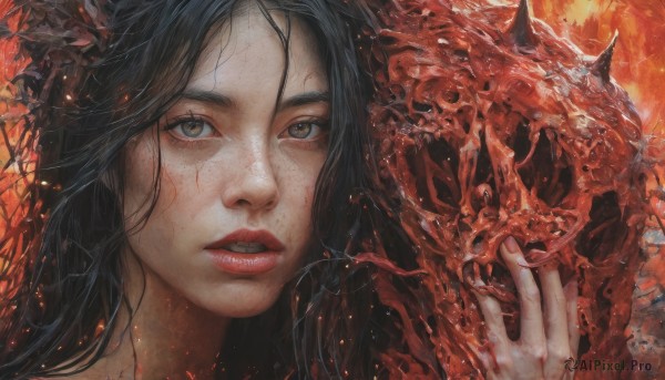 1girl,solo,long hair,looking at viewer,black hair,holding,brown eyes,parted lips,teeth,lips,fingernails,grey eyes,blood,makeup,fire,portrait,freckles,skull,realistic,red lips,bangs,horns,hand up,eyelashes,veins,blood on face,nose