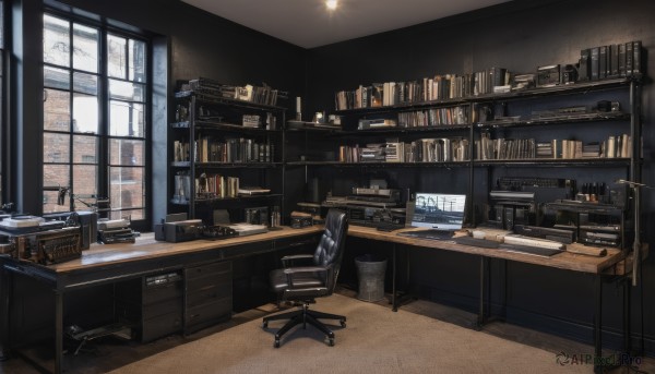 indoors,cup,book,no humans,window,chair,table,sunlight,bottle,box,scenery,desk,paper,bookshelf,lamp,computer,monitor,shelf,book stack,office,office chair,trash can,ceiling light,cabinet,desk lamp