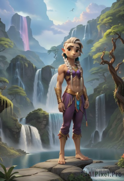 1girl,solo,long hair,breasts,looking at viewer,smile,navel,bare shoulders,brown eyes,jewelry,standing,full body,braid,white hair,earrings,small breasts,outdoors,sky,barefoot,day,pointy ears,midriff,pants,cloud,dark skin,water,necklace,black eyes,twin braids,flat chest,bracelet,feet,dark-skinned female,tree,blue sky,muscular,toes,bird,abs,elf,nature,scenery,hair over shoulder,toenails,toned,rock,fantasy,muscular female,bracer,waterfall,baggy pants,purple pants,cliff,harem pants,blonde hair,brown hair,multicolored hair,artist name,two-tone hair,river