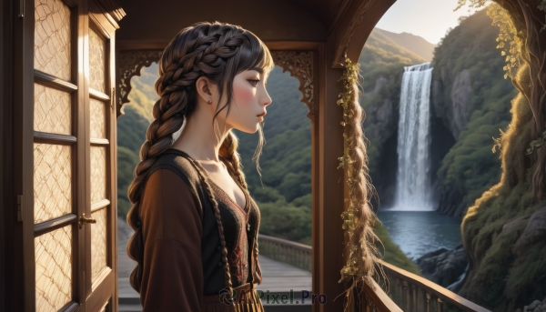 1girl,solo,long hair,breasts,blush,bangs,brown hair,black hair,long sleeves,brown eyes,collarbone,upper body,braid,small breasts,outdoors,parted lips,day,indoors,water,vest,twin braids,from side,tree,lips,eyelashes,window,profile,makeup,looking away,sunlight,plant,nature,scenery,mountain,fantasy,railing,looking afar,fringe trim,pillar,waterfall,arch,multiple braids,dress,cleavage,jewelry,closed mouth,sidelocks,earrings,black eyes