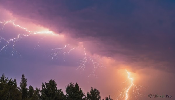 outdoors,sky,cloud,tree,no humans,cloudy sky,nature,scenery,forest,sunset,electricity,lightning,twilight,gradient sky