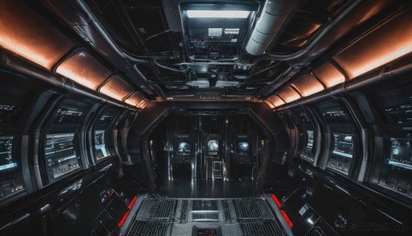 dutch angle,no humans,scenery,science fiction,realistic,cable,space,spacecraft,lights,cockpit,window,machinery,monitor