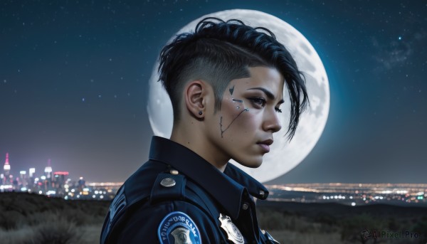 1girl,solo,short hair,black hair,jewelry,jacket,upper body,earrings,outdoors,sky,mole,black eyes,from side,lips,profile,makeup,night,moon,portrait,star (sky),night sky,full moon,starry sky,freckles,science fiction,realistic,nose,very short hair,undercut,police,cyborg,city lights,cyberpunk,1boy,male focus,facial mark,piercing,asymmetrical hair,stud earrings,facepaint,leather,facial tattoo,leather jacket,eyebrow cut