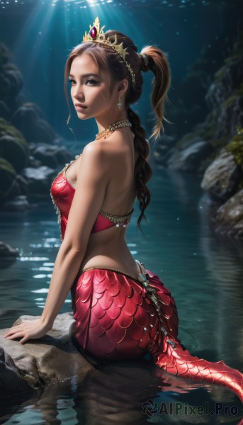 1girl,solo,long hair,breasts,looking at viewer,brown hair,hair ornament,bare shoulders,brown eyes,jewelry,medium breasts,sitting,ponytail,ass,braid,earrings,midriff,looking back,water,necklace,lips,single braid,strapless,arm support,sunlight,tiara,monster girl,freckles,light rays,rock,realistic,scales,mermaid,tail,dark skin,dark-skinned female,back,crown,tube top