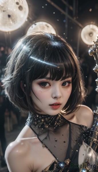 1girl,solo,looking at viewer,short hair,bangs,black hair,dress,bare shoulders,jewelry,collarbone,upper body,parted lips,teeth,sleeveless,solo focus,shiny,artist name,blunt bangs,blurry,black eyes,black dress,shiny hair,lips,see-through,grey eyes,eyelashes,makeup,depth of field,blurry background,halterneck,watermark,bob cut,lipstick,gem,instrument,portrait,eyeshadow,realistic,nose,red lips,eyeliner,mascara,breasts,necklace,moon,web address,light particles,backlighting,gold,halter dress