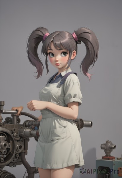 1girl,solo,long hair,breasts,looking at viewer,blush,smile,bangs,simple background,brown hair,shirt,hair ornament,dress,twintails,medium breasts,closed mouth,standing,short sleeves,cowboy shot,puffy sleeves,collared shirt,grey background,white dress,puffy short sleeves,lips,grey eyes,ground vehicle,pocket,collared dress,overalls,wrench,apron,white apron,nose