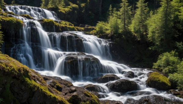 The serene presence of a waterfall in a lush day