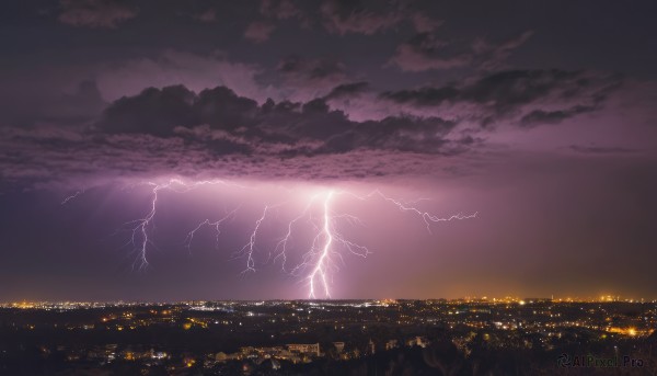 outdoors,sky,cloud,no humans,night,cloudy sky,building,scenery,city,horizon,electricity,cityscape,purple theme,lightning,landscape,city lights,purple sky,ocean,night sky,dark