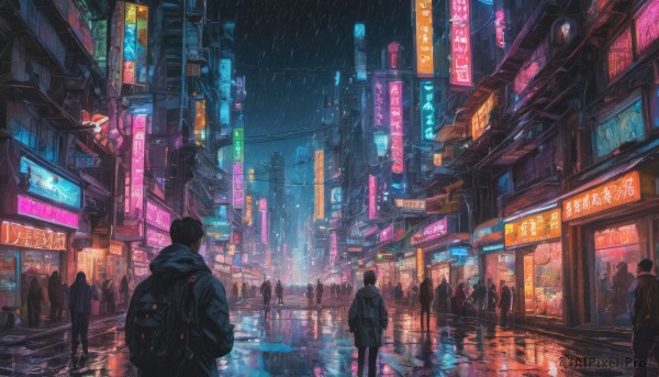 black hair, outdoors, multiple boys, bag, dutch angle, night, backpack, building, scenery, rain, 6+boys, city, sign, road, cityscape, street, crowd, city lights, cyberpunk, neon lights, people, vanishing point