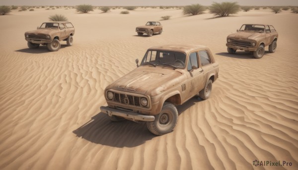 outdoors,tree,no humans,shadow,ground vehicle,motor vehicle,sand,palm tree,car,road,vehicle focus,desert,wheel,truck,beach,grass