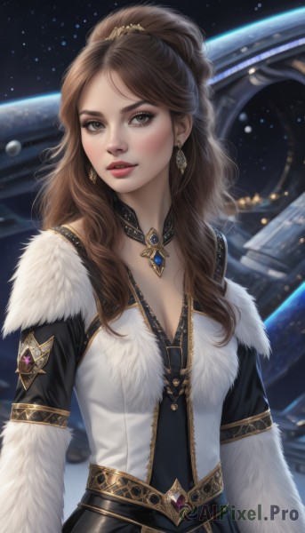 1girl,solo,long hair,breasts,looking at viewer,brown hair,dress,cleavage,brown eyes,jewelry,medium breasts,upper body,ponytail,earrings,parted lips,choker,necklace,lips,fur trim,makeup,wavy hair,gem,star (sky),freckles,science fiction,realistic,red lips,space,planet,bangs,artist name,parted bangs,fur