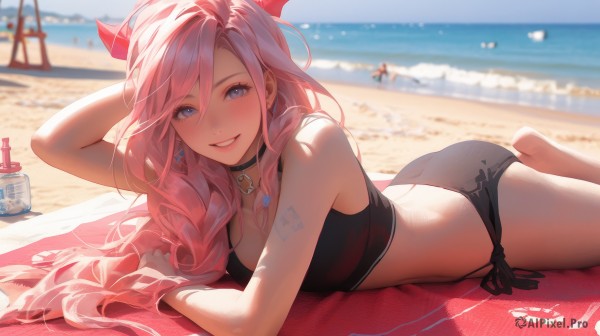 1girl,solo,long hair,breasts,looking at viewer,blush,smile,bangs,blue eyes,multiple girls,cleavage,hair between eyes,bare shoulders,jewelry,medium breasts,swimsuit,pink hair,ass,heart,bikini,thighs,earrings,outdoors,lying,parted lips,horns,sky,barefoot,solo focus,choker,day,virtual youtuber,water,mole,grin,blurry,arm up,shiny hair,blue sky,lips,bare arms,dutch angle,tattoo,depth of field,blurry background,black bikini,side-tie bikini bottom,ocean,wavy hair,black choker,beach,bottle,on stomach,towel,sand,heart choker,beach towel,lotion bottle,braid,shiny,cloud,umbrella,beach umbrella,lotion