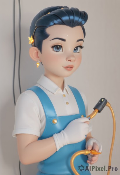 1girl,solo,looking at viewer,blush,smile,short hair,blue eyes,shirt,black hair,hair ornament,gloves,dress,holding,jewelry,blue hair,white shirt,upper body,short sleeves,hairband,earrings,parted lips,collared shirt,artist name,white gloves,fingerless gloves,lips,aged down,child,freckles,female child,pinafore dress,overalls,blue overalls,eyelashes,blue dress,watermark,web address,nose