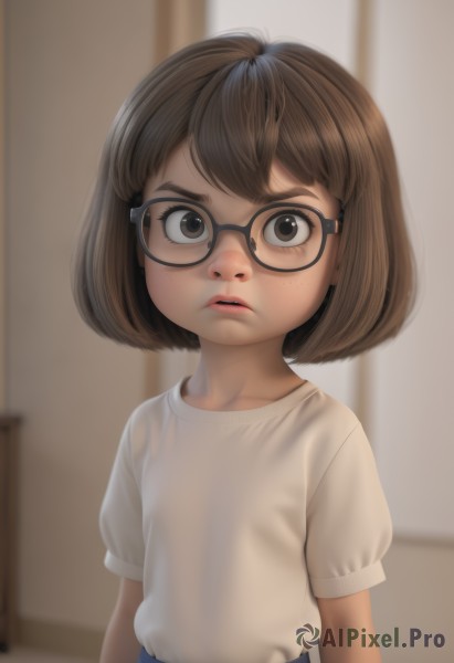 1girl,solo,looking at viewer,short hair,bangs,skirt,brown hair,shirt,brown eyes,white shirt,upper body,short sleeves,parted lips,glasses,teeth,indoors,blurry,lips,blue skirt,blurry background,bob cut,child,freckles,black-framed eyewear,female child,collarbone,artist name,window,aged down,t-shirt,realistic,nose,arms at sides