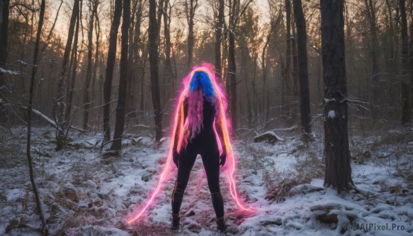 1girl, solo, long hair, standing, weapon, outdoors, sword, from behind, tree, glowing, nature, scenery, forest, energy sword