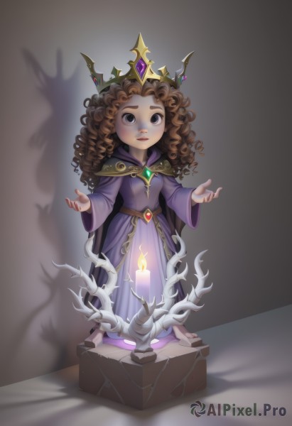 1girl,solo,long hair,looking at viewer,brown hair,long sleeves,dress,brown eyes,jewelry,standing,full body,wide sleeves,cape,black eyes,shadow,crown,gem,child,purple dress,curly hair,robe,female child,magic,candle,levitation,candlelight,simple background,artist name,grey background,grey eyes,fire,tiara,faux figurine