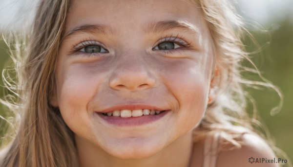 1girl,solo,long hair,looking at viewer,smile,open mouth,blonde hair,teeth,grin,blurry,lips,grey eyes,depth of field,blurry background,portrait,close-up,freckles,realistic,black eyes,eyelashes,parody,messy hair,nose