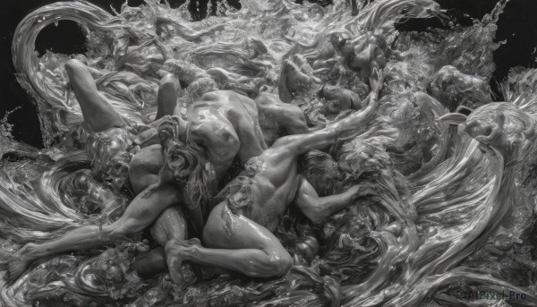 long hair,breasts,short hair,open mouth,nipples,monochrome,greyscale,male focus,nude,multiple boys,barefoot,water,arms up,completely nude,waves,surreal,fine art parody,holding,jewelry,ass,thighs,lying,spread legs,2boys,on back,muscular,pectorals,muscular male,bara,yaoi,6+boys,toned,realistic,toned male