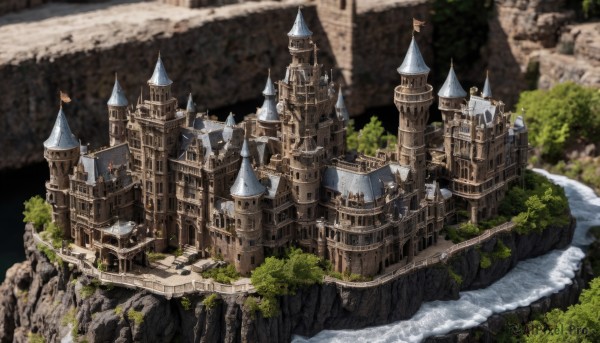 outdoors,day,water,tree,no humans,bird,building,nature,scenery,fantasy,architecture,bridge,river,castle,tower,waterfall,cliff,blurry