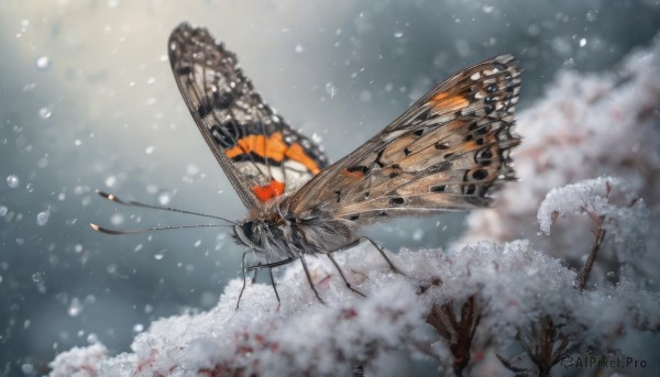 flower, outdoors, wings, sky, blurry, tree, no humans, depth of field, bug, cherry blossoms, flying, antennae, butterfly wings, insect wings