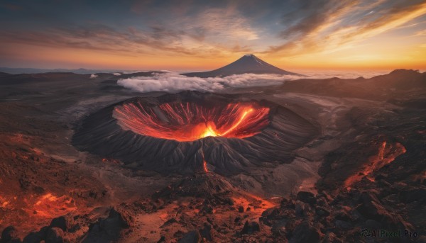 outdoors, sky, cloud, no humans, cloudy sky, scenery, sunset, rock, mountain, molten rock