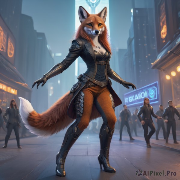 1girl,long hair,breasts,looking at viewer,brown hair,shirt,gloves,long sleeves,animal ears,cleavage,jewelry,medium breasts,standing,jacket,tail,full body,boots,outdoors,multiple boys,solo focus,belt,pants,artist name,necklace,black footwear,armor,high heels,open jacket,black jacket,fox ears,night,fox tail,formal,suit,cross,fox girl,building,furry,high heel boots,city,sign,furry female,road,mechanical arms,brown pants,cross necklace,cyborg,street,single mechanical arm,cyberpunk,people,digitigrade,blue eyes,orange hair,faceless,6+boys,realistic,fantasy,armored boots,leather