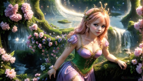 HQ,1girl,solo,long hair,breasts,looking at viewer,blush,smile,blue eyes,blonde hair,hair ornament,dress,cleavage,jewelry,medium breasts,sitting,collarbone,pink hair,flower,short sleeves,earrings,outdoors,parted lips,sky,day,puffy sleeves,artist name,cloud,signature,water,necklace,bracelet,tree,puffy short sleeves,lips,petals,eyelashes,leaf,sunlight,tiara,crown,nature,scenery,corset,purple dress,pink flower,pink lips,mountain,realistic,nose,fantasy,river,waterfall,lake,princess,floating island,skirt,standing,freckles