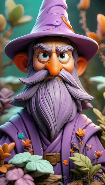 solo,looking at viewer,blue eyes,1boy,hat,upper body,flower,white hair,grey hair,male focus,outdoors,belt,signature,blurry,witch hat,depth of field,blurry background,facial hair,thick eyebrows,plant,beard,freckles,robe,mustache,purple headwear,mushroom,old,wizard hat,orange flower,wizard,leaf,web address,old man