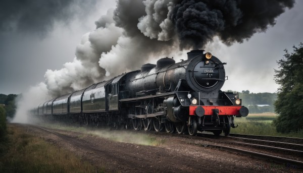 outdoors,sky,day,cloud,tree,military,no humans,cloudy sky,grass,ground vehicle,nature,motor vehicle,forest,smoke,military vehicle,tank,vehicle focus,caterpillar tracks,world war ii,railroad tracks,machine gun,train