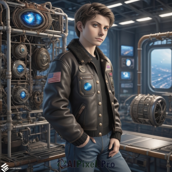 solo,looking at viewer,short hair,blue eyes,brown hair,shirt,long sleeves,1boy,closed mouth,standing,jacket,male focus,cowboy shot,open clothes,pants,artist name,indoors,open jacket,lips,black shirt,denim,androgynous,science fiction,hand in pocket,brown jacket,jeans,realistic,nose,hands in pockets,blue pants,cable,leather,leather jacket,american flag,bomber jacket,union jack,blurry,black jacket,fur trim,window,watermark,zipper,machinery,fur collar,unzipped