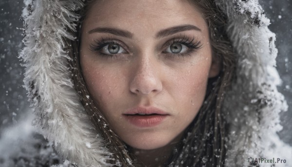 1girl,solo,long hair,looking at viewer,brown hair,black hair,closed mouth,parted lips,artist name,hood,mole,lips,grey eyes,eyelashes,portrait,breath,snow,close-up,hood up,freckles,snowing,realistic,nose,winter,straight-on,eye focus,mole on cheek,brown eyes,blurry,fur trim