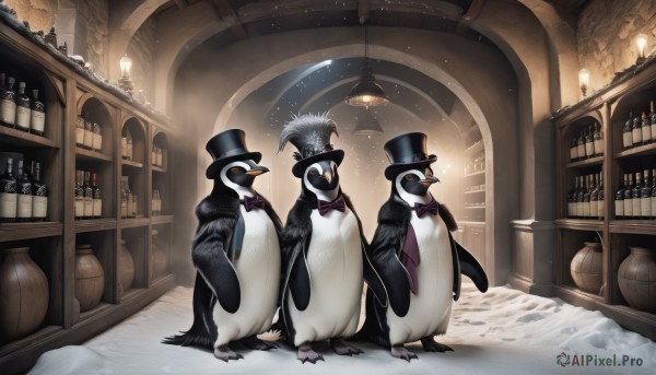 hat,bow,standing,indoors,bowtie,no humans,bird,animal,bottle,purple bow,top hat,wooden floor,bookshelf,animal focus,purple bowtie,shelf,penguin,bar (place),barrel,jacket,vest,red bow,cup,black jacket,black headwear,profile,mask,feathers,light particles,drinking glass,lamp,clothed animal