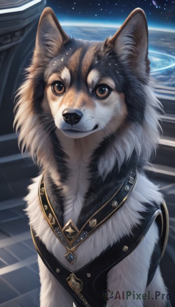 solo,looking at viewer,smile,brown eyes,jewelry,upper body,sky,necklace,no humans,animal,star (sky),pendant,starry sky,dog,realistic,space,animal focus,planet,earth (planet),artist name,watermark,fur collar