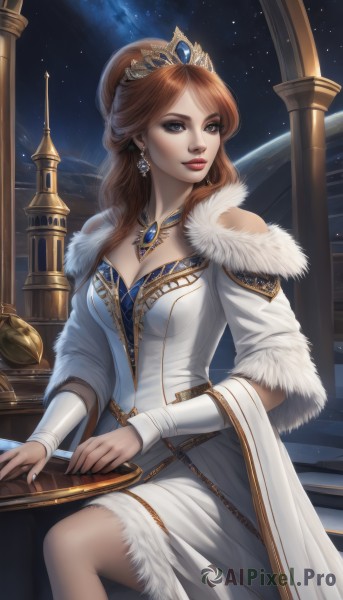 1girl,solo,long hair,breasts,looking at viewer,smile,blue eyes,large breasts,brown hair,dress,cleavage,bare shoulders,jewelry,medium breasts,sitting,earrings,sky,necklace,white dress,lips,fur trim,makeup,night,watermark,tiara,crown,lipstick,gem,instrument,star (sky),night sky,starry sky,red lips,harp,parted lips,realistic,piano