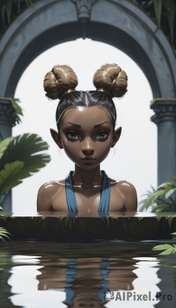 1girl,solo,looking at viewer,smile,short hair,brown hair,black hair,bare shoulders,closed mouth,collarbone,upper body,nude,pointy ears,dark skin,water,hair bun,black eyes,dark-skinned female,lips,grey eyes,double bun,plant,tan,forehead,partially submerged,reflection,nose,ripples,very dark skin,breasts,leaf,pillar,lily pad,pond