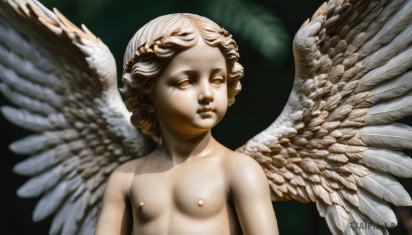 1girl,solo,breasts,short hair,brown eyes,nipples,upper body,nude,small breasts,wings,flat chest,lips,loli,feathered wings,androgynous,angel wings,realistic,white wings,angel,white eyes,statue,blonde hair,1boy,closed mouth,closed eyes,male focus,feathers