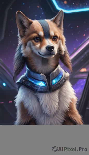 solo,looking at viewer,smile,brown eyes,upper body,artist name,signature,collar,no humans,animal,star (sky),science fiction,dog,realistic,space,animal focus,teeth,blurry,glowing,watermark,web address,fur collar,alien,shiba inu