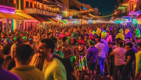 short hair,multiple girls,shirt,black hair,hat,outdoors,multiple boys,dark skin,blurry,night,6+girls,t-shirt,building,scenery,6+boys,city,crowd,city lights,neon lights,people,concert,food,sky,necklace,depth of field,night sky,walking,lantern,sign,road,cityscape,balloon,fireworks,street,paper lantern,shop,festival