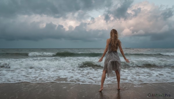 1girl,solo,long hair,brown hair,dress,bare shoulders,standing,outdoors,sky,barefoot,sleeveless,day,cloud,water,from behind,white dress,sleeveless dress,ocean,beach,cloudy sky,scenery,wading,sand,horizon,facing away,waves,shore,footprints,blonde hair,wet,wet clothes,dirty feet