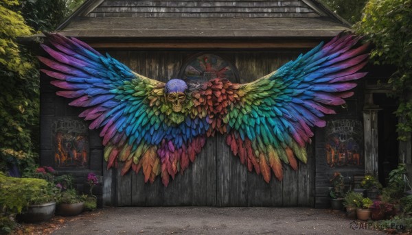 flower,outdoors,wings,day,tree,no humans,window,sunlight,grass,plant,building,nature,scenery,forest,stairs,fantasy,potted plant,architecture,east asian architecture,statue,solo,bird,feathers,door,rainbow,colorful,stained glass,multicolored wings,rainbow order,rainbow gradient