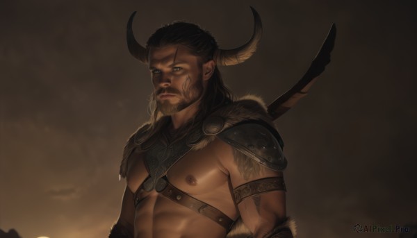 solo,long hair,brown hair,black hair,1boy,closed mouth,nipples,upper body,weapon,male focus,horns,sky,dark skin,medium hair,armor,fur trim,tattoo,muscular,facial hair,scar,abs,dark-skinned male,pectorals,muscular male,shoulder armor,bara,beard,scar on face,large pectorals,pauldrons,mature male,scar across eye,fake horns,nipple piercing,bare pectorals,harness,weapon on back,chest harness,outdoors,mountain,realistic,manly