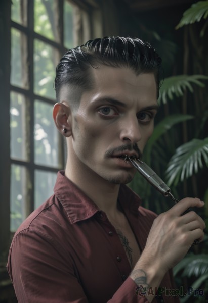 solo,looking at viewer,short hair,shirt,black hair,1boy,holding,jewelry,upper body,male focus,earrings,open clothes,indoors,blurry,black eyes,window,open shirt,tattoo,blurry background,facial hair,piercing,plant,red shirt,ear piercing,beard,realistic,mustache,pen,holding pen,dark skin,grey eyes,undercut,syringe,unbuttoned shirt