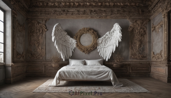 sitting,wings,indoors,from behind,no humans,window,scenery,feathered wings,angel wings,wooden floor,white wings,angel,statue,painting (object),bed,sunlight,candle,carpet,rug