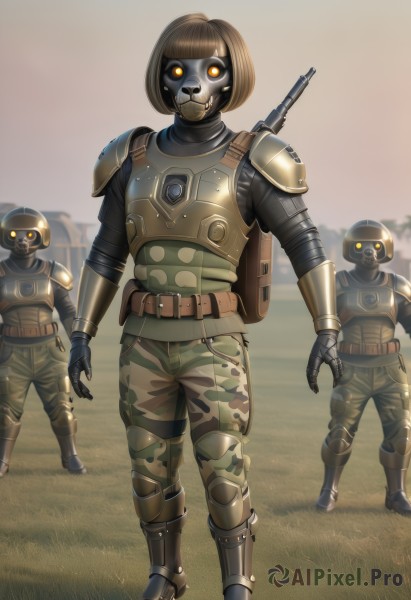 1girl,looking at viewer,short hair,bangs,brown hair,gloves,standing,full body,yellow eyes,weapon,boots,outdoors,multiple boys,belt,pants,blunt bangs,bag,armor,blurry,uniform,orange eyes,gun,military,military uniform,mask,blurry background,glowing,bob cut,backpack,helmet,grass,shoulder armor,glowing eyes,rifle,walking,science fiction,pauldrons,pouch,assault rifle,knee pads,camouflage,multiple others,gas mask,soldier,tactical clothes,bulletproof vest,camouflage pants,body armor,solo focus,weapon on back